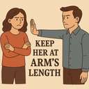 keep/hold her at arm’s length