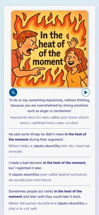 Anglické idiomy v akci: Snímek obrazovky aplikace 4