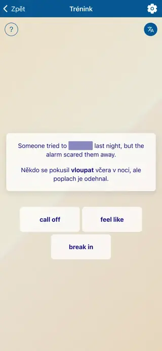 Frázová slovesa v akci: Snímek obrazovky aplikace 4