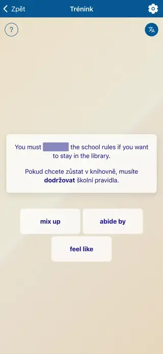 Frázová slovesa v akci: Snímek obrazovky aplikace 5