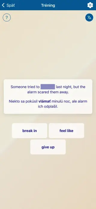 Frázové slovesá v akcii: Snímka obrazovky aplikácie 4