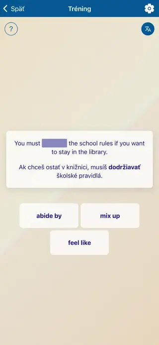 Frázové slovesá v akcii: Snímka obrazovky aplikácie 5